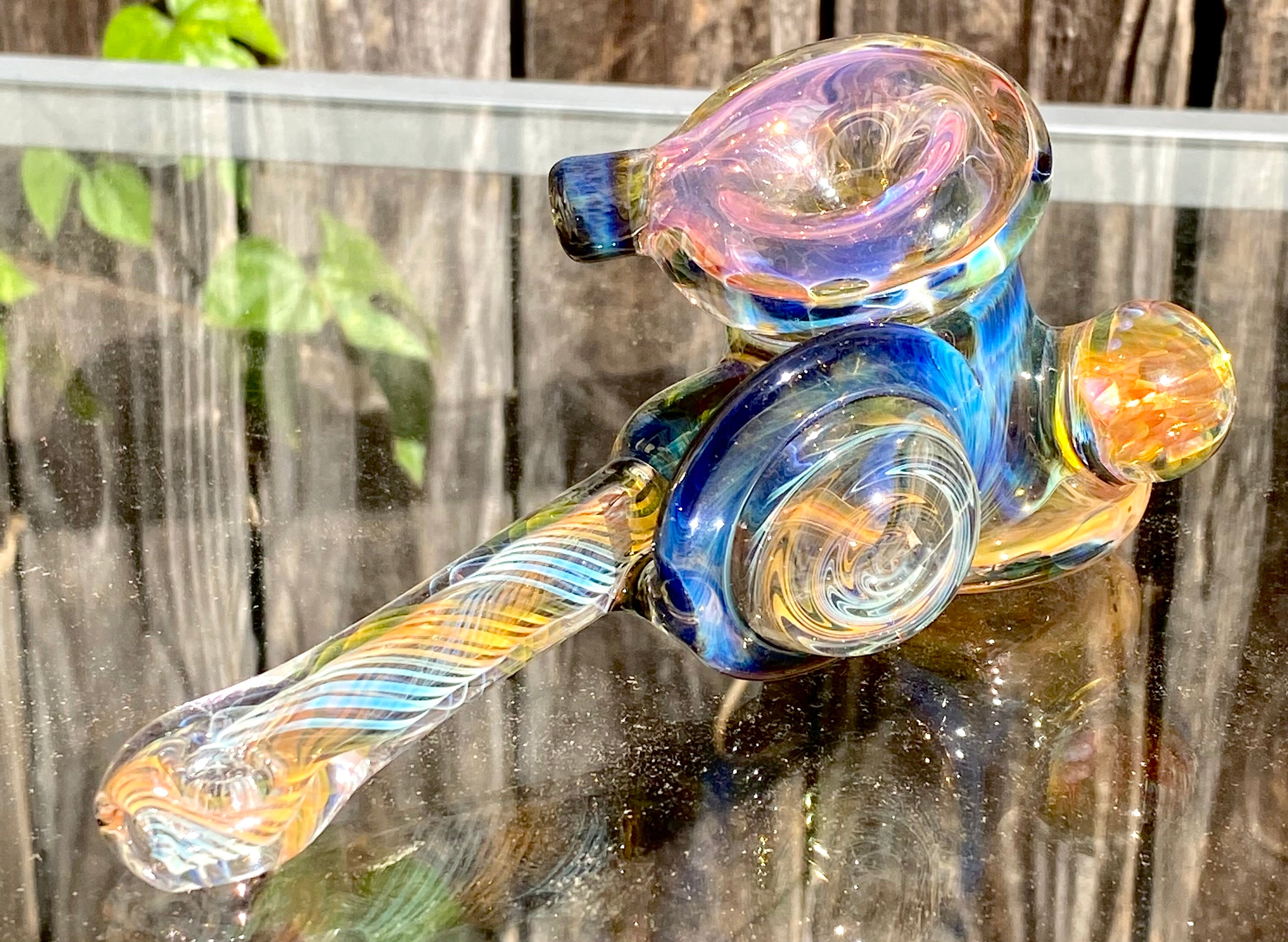 B $ Glass Deep Darkness Fully Fumed Hammer w- Worked Disc & Marbles