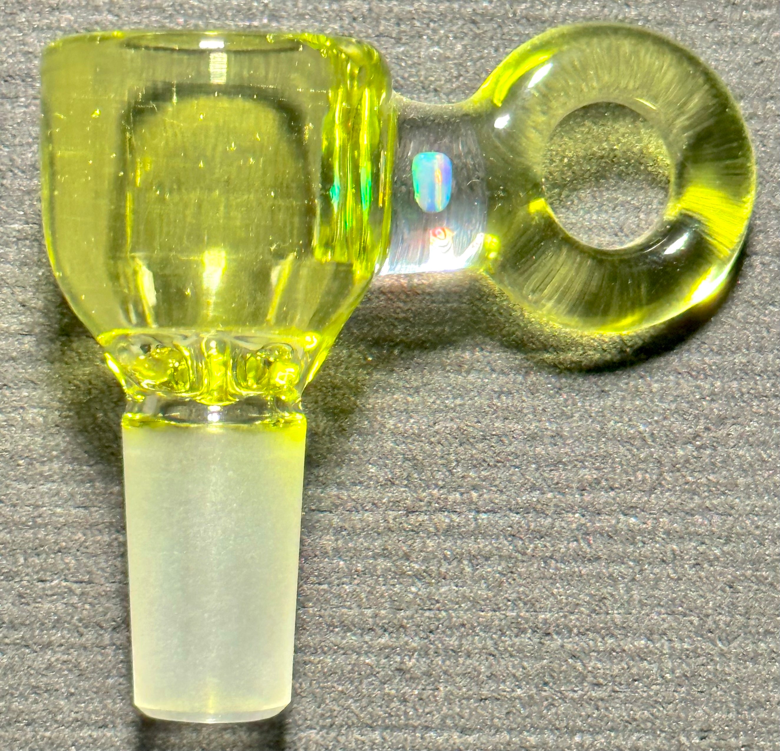 Mary Blows Glass Lime Green Ring Handle w- Opal 14mm