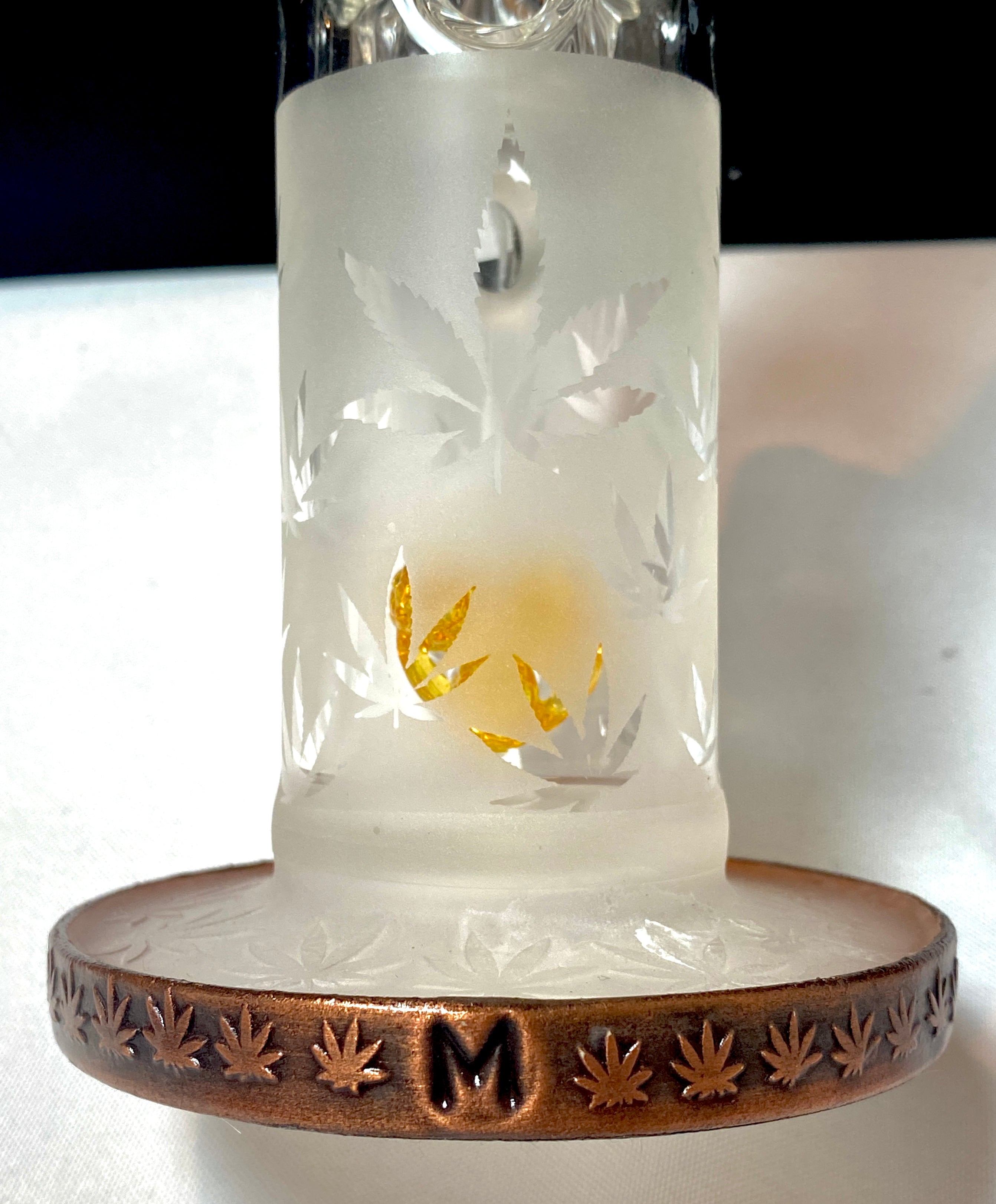 FLUID GLASS CUSTOM V3 (3 Terps CORALS) TERPS CORAL TO 18 HOLE FAB TUBE 18 mm W/ Lord Kramdar Eformed Copper Base & CUSTOM SANDBLASTED POT LEAVES - TheSmokeyMcPotz Collection 