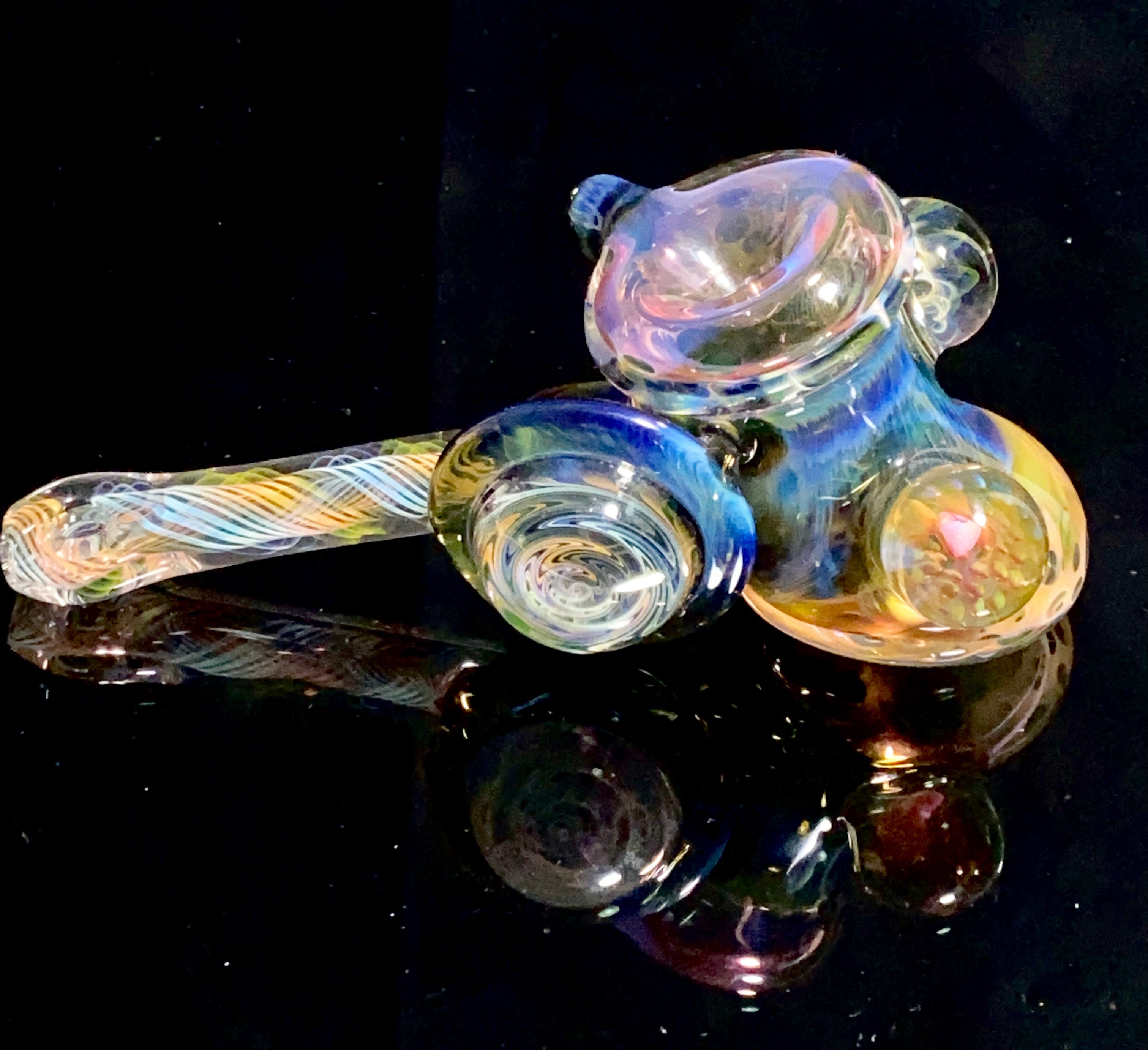 B $ Glass Deep Darkness Fully Fumed Hammer w- Worked Disc & Marbles - TheSmokeyMcPotz Collection 
