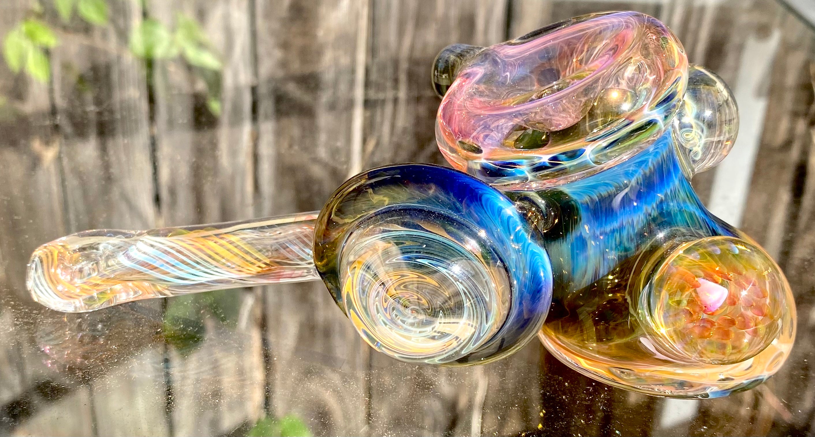 B $ Glass Deep Darkness Fully Fumed Hammer w- Worked Disc & Marbles