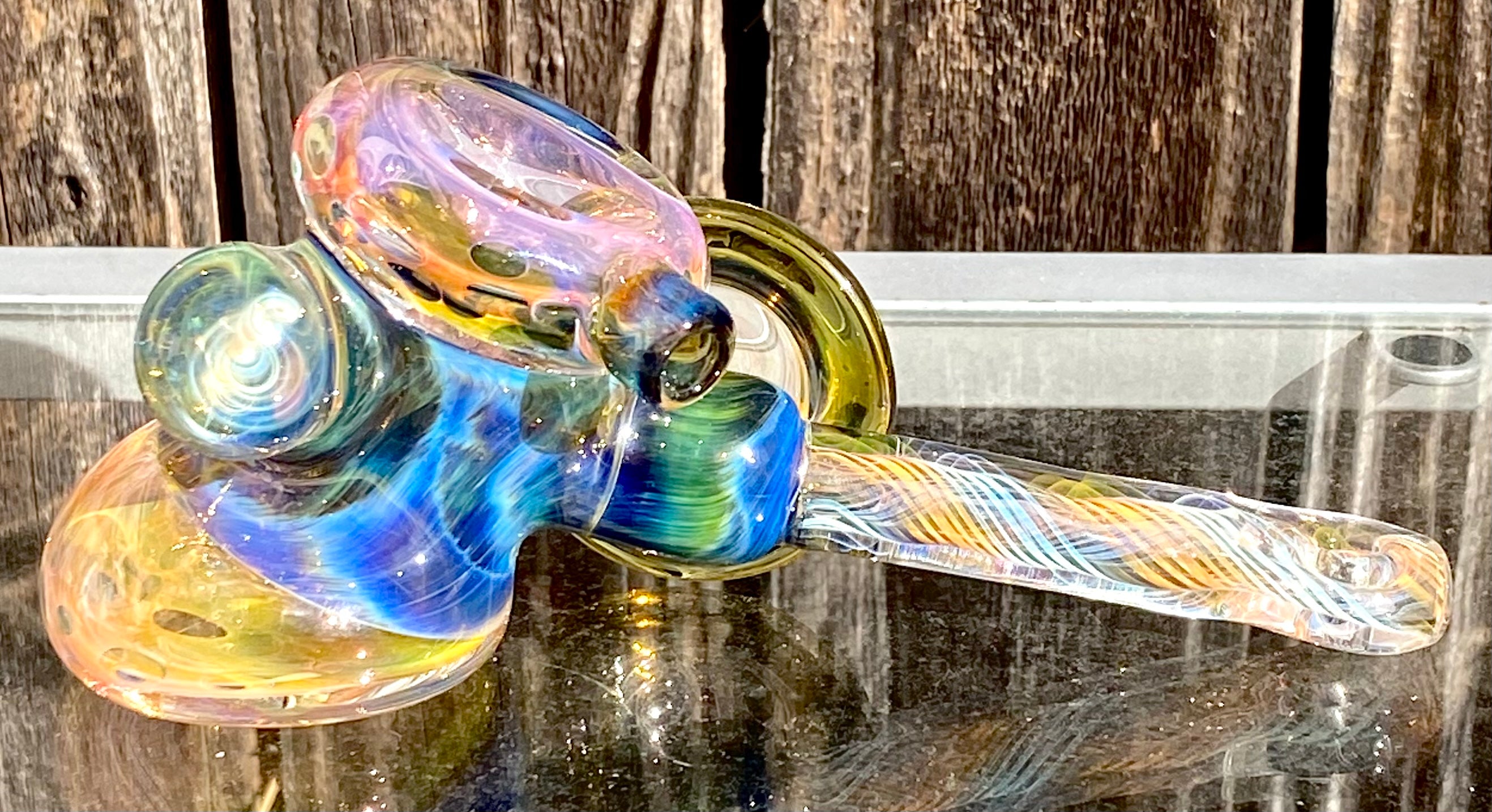 B $ Glass Deep Darkness Fully Fumed Hammer w- Worked Disc & Marbles