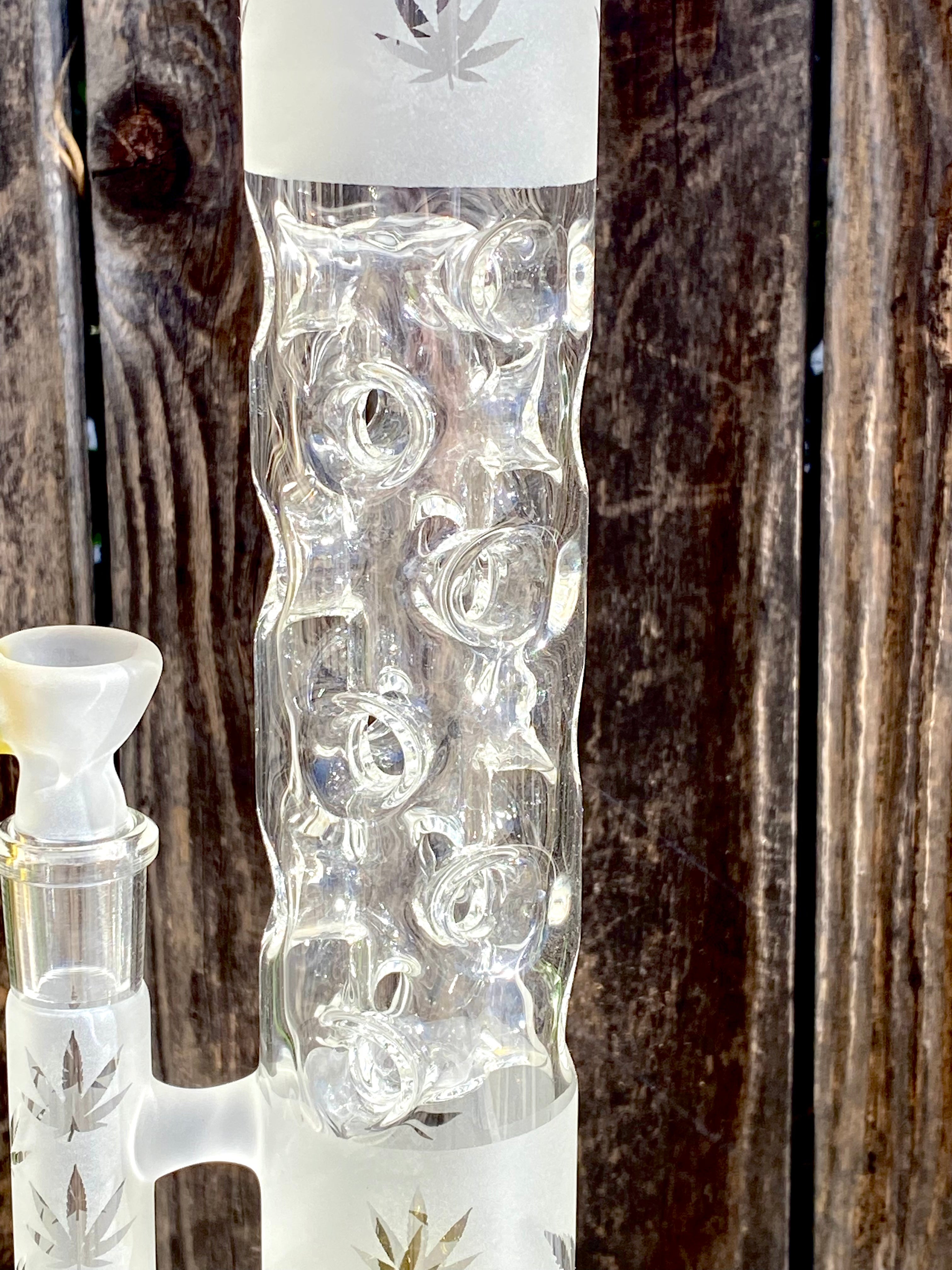 FLUID GLASS CUSTOM V3 (3 Terps CORALS) TERPS CORAL TO 18 HOLE FAB TUBE 18 mm W/ Lord Kramdar Eformed Copper Base & CUSTOM SANDBLASTED POT LEAVES