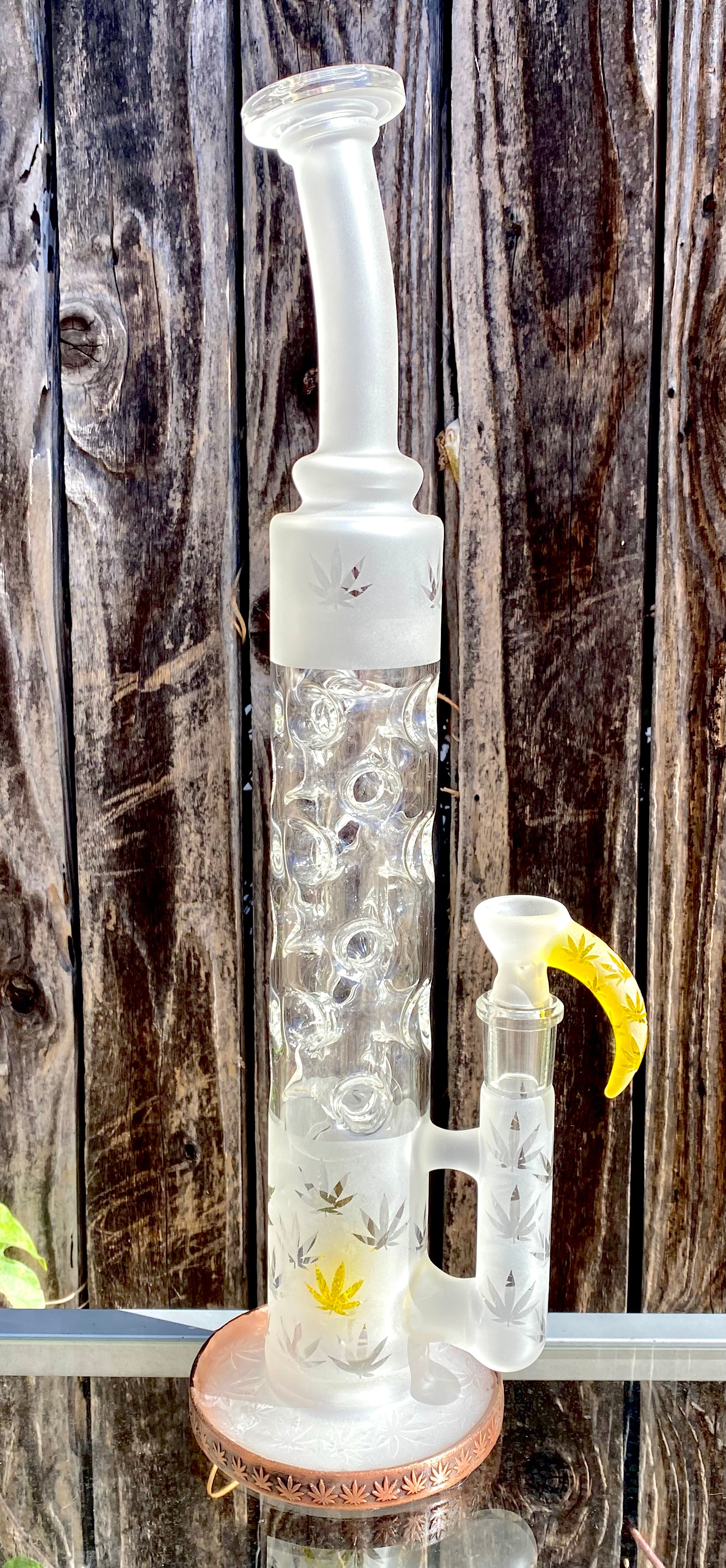 FLUID GLASS CUSTOM V3 (3 Terps CORALS) TERPS CORAL TO 18 HOLE FAB TUBE 18 mm W/ Lord Kramdar Eformed Copper Base & CUSTOM SANDBLASTED POT LEAVES