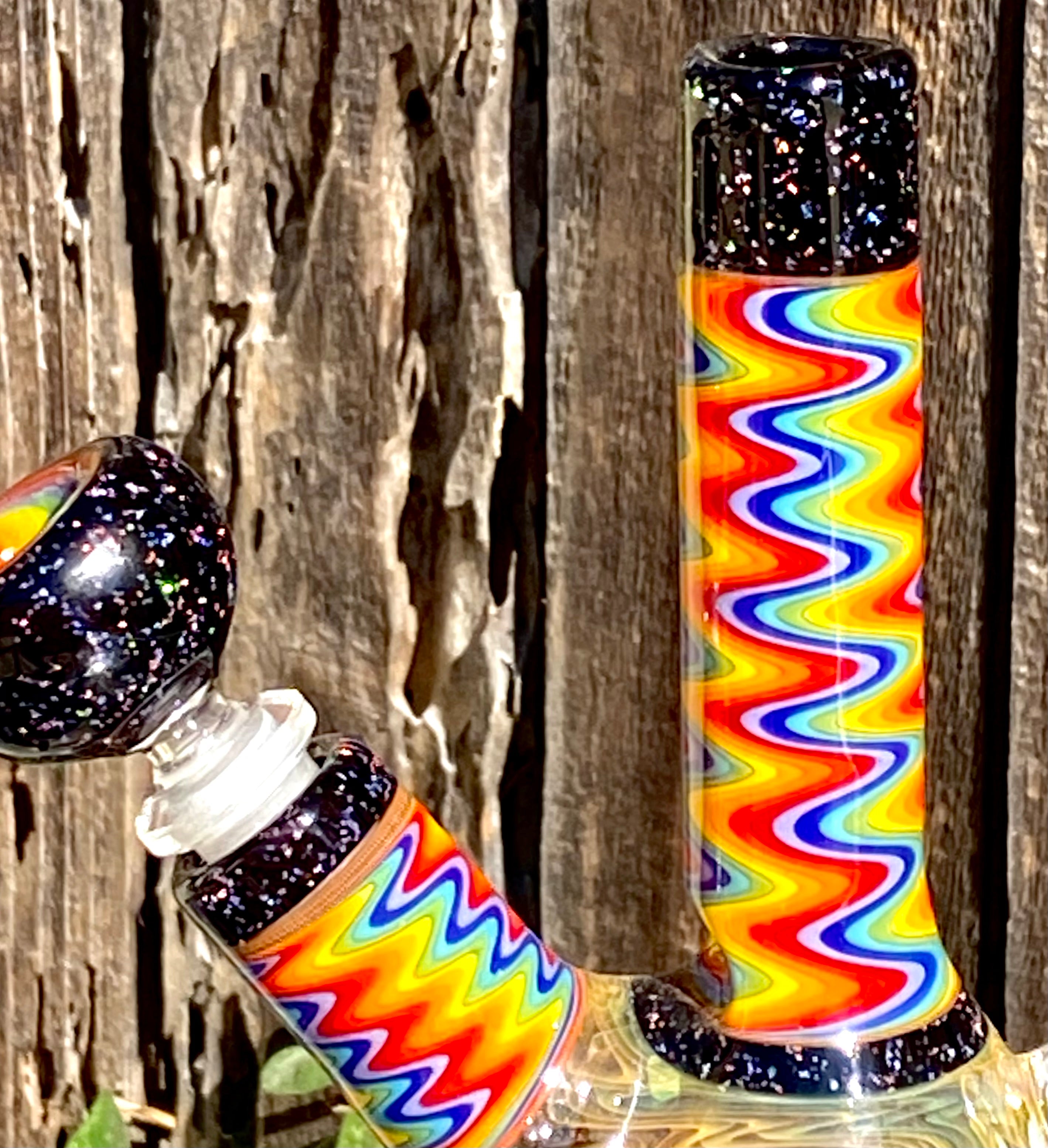 Jakers Glass CRUSHED OPAL Wig Wag Fully Worked and Fumed 10mm Beaker