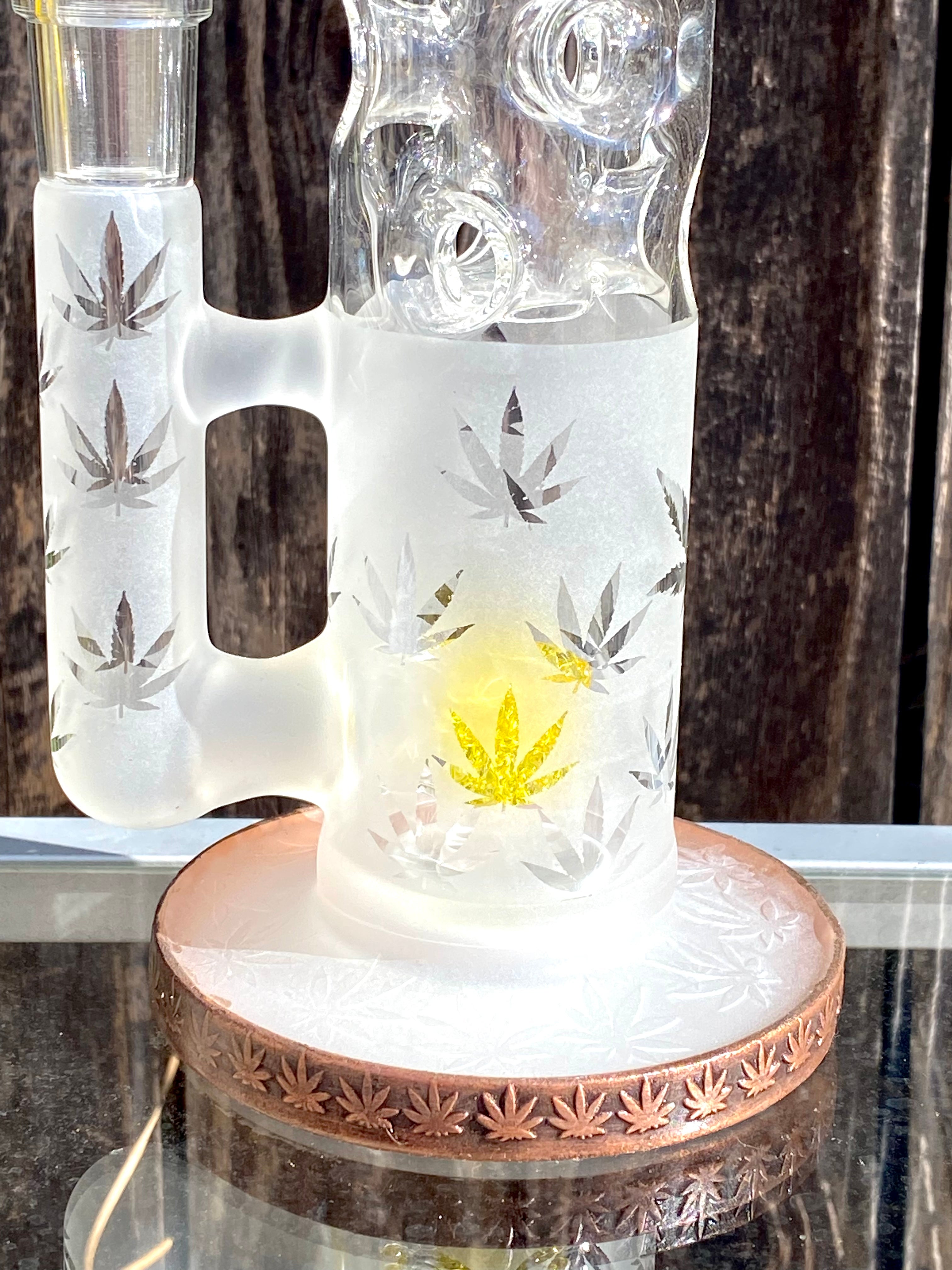 FLUID GLASS CUSTOM V3 (3 Terps CORALS) TERPS CORAL TO 18 HOLE FAB TUBE 18 mm W/ Lord Kramdar Eformed Copper Base & CUSTOM SANDBLASTED POT LEAVES
