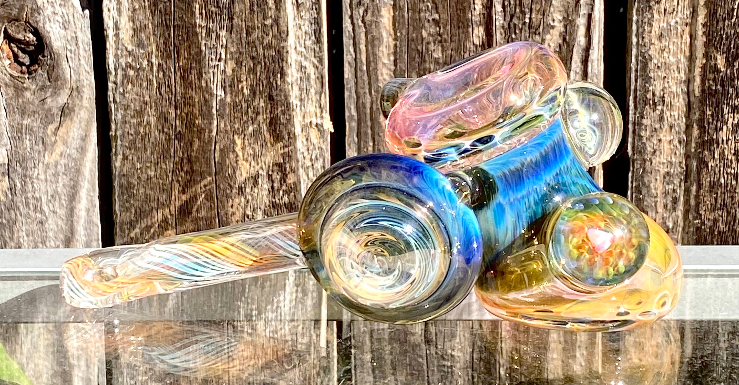 B $ Glass Deep Darkness Fully Fumed Hammer w- Worked Disc & Marbles