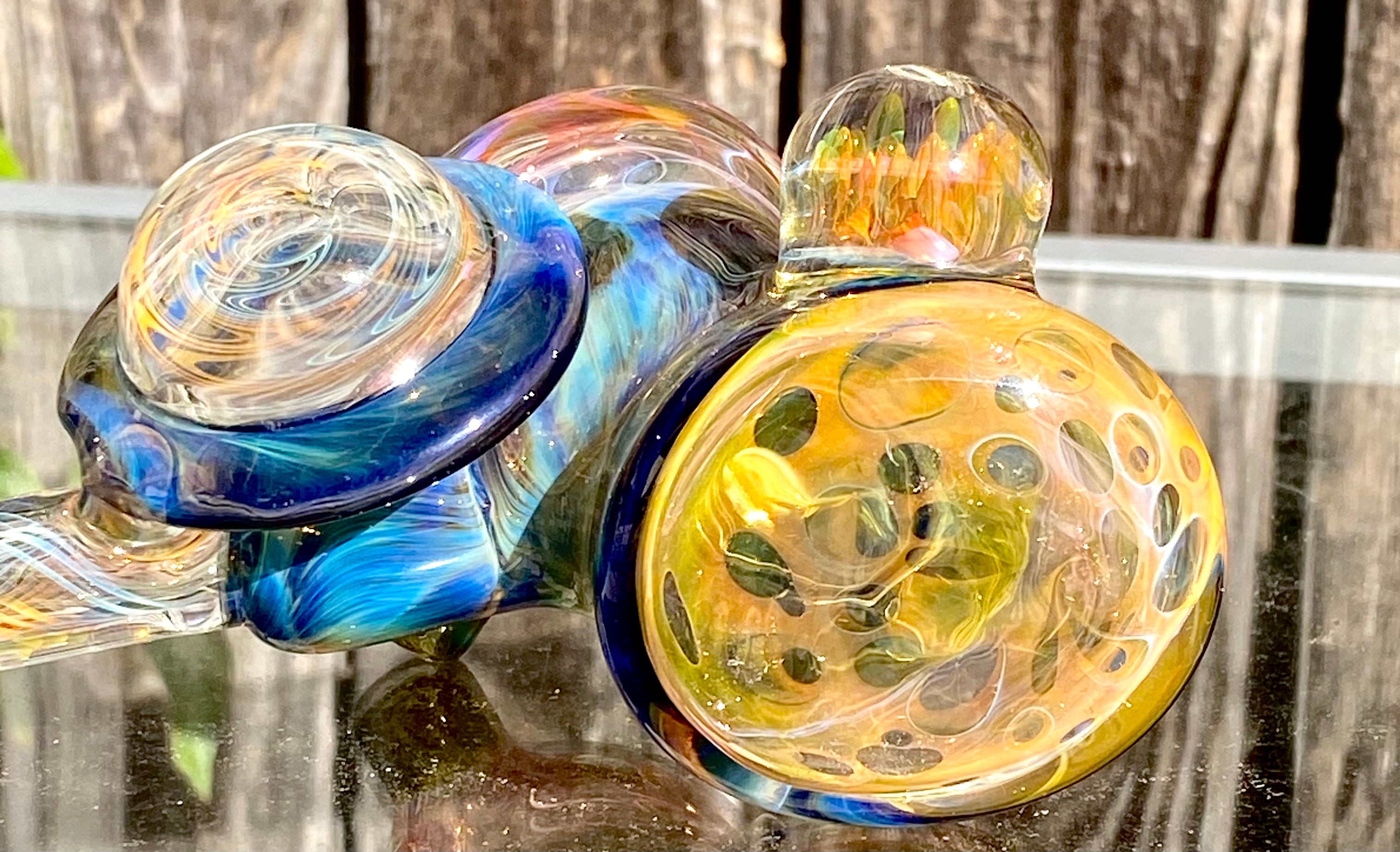 B $ Glass Deep Darkness Fully Fumed Hammer w- Worked Disc & Marbles