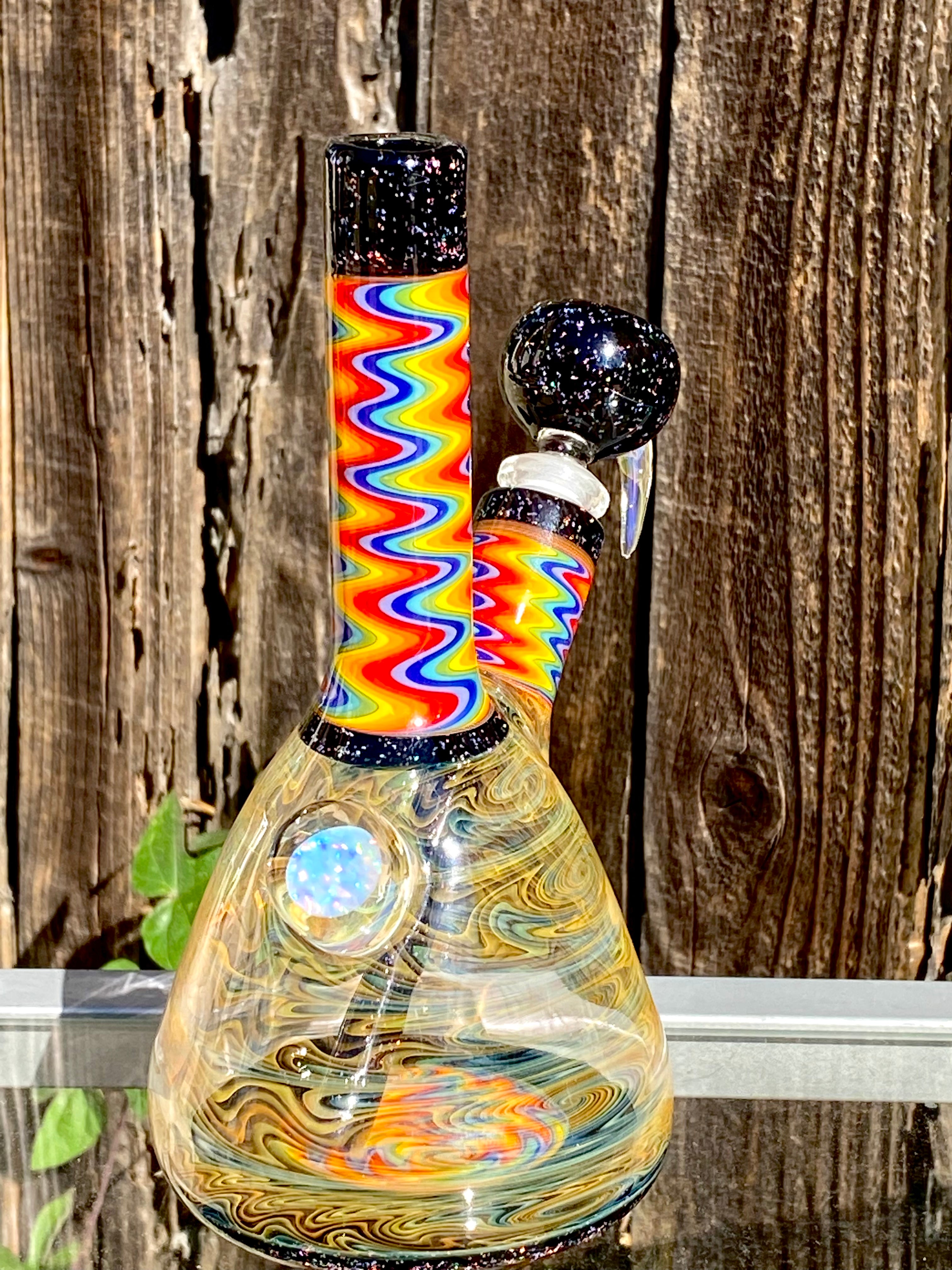 Jakers Glass CRUSHED OPAL Wig Wag Fully Worked and Fumed 10mm Beaker