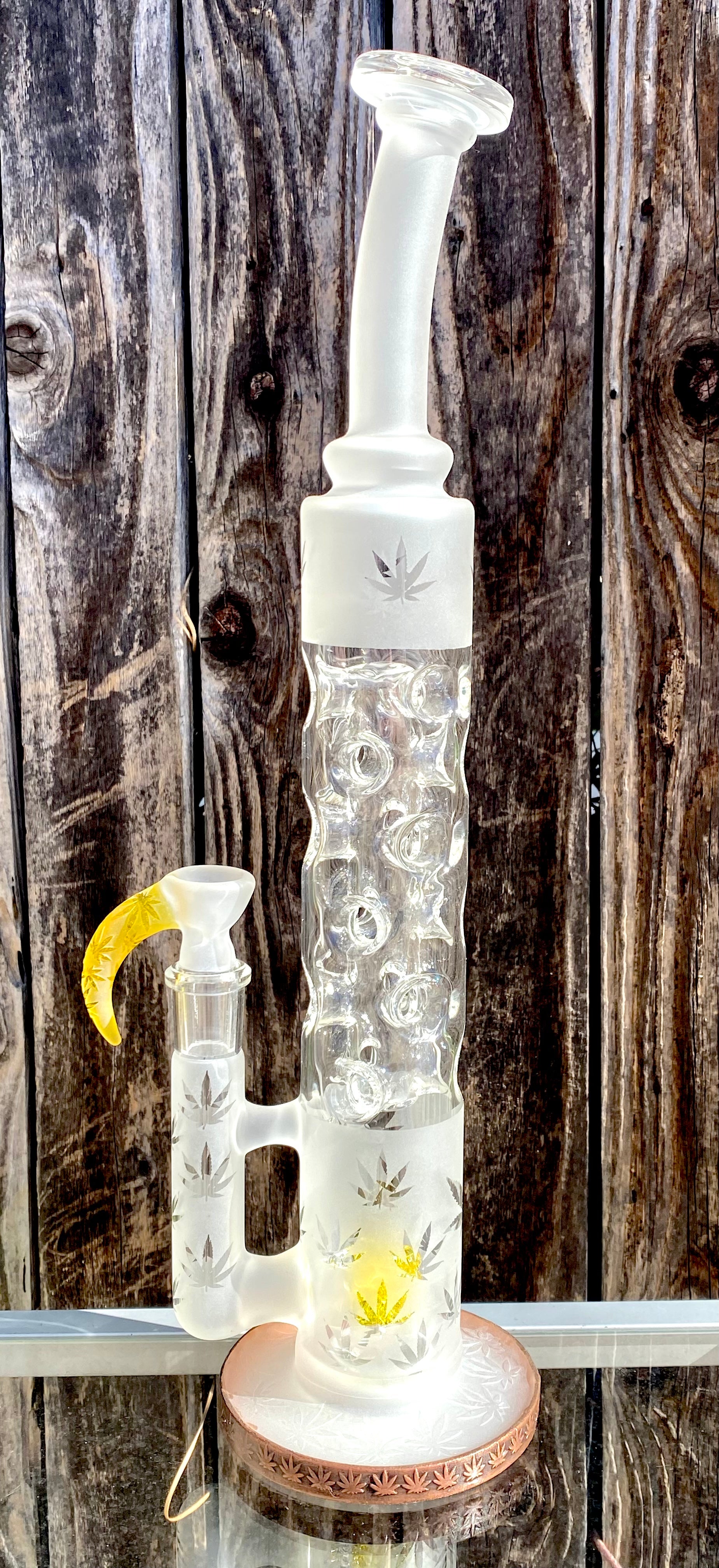 FLUID GLASS CUSTOM V3 (3 Terps CORALS) TERPS CORAL TO 18 HOLE FAB TUBE 18 mm W/ Lord Kramdar Eformed Copper Base & CUSTOM SANDBLASTED POT LEAVES