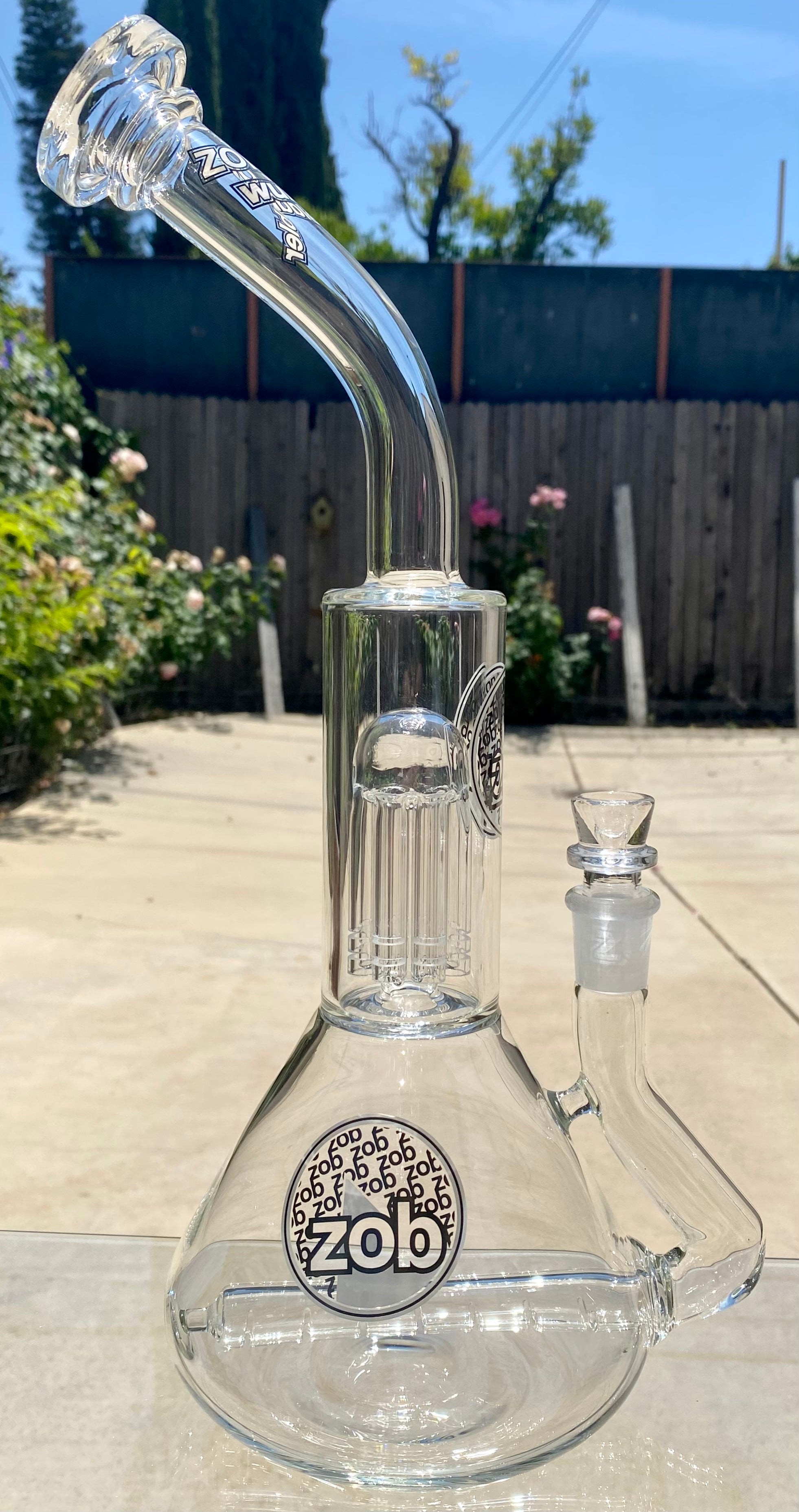 Zob 16 inch Stemless Inline Diffused Beaker Wubbler with 8 Arm Tree Percolator Black & White Label