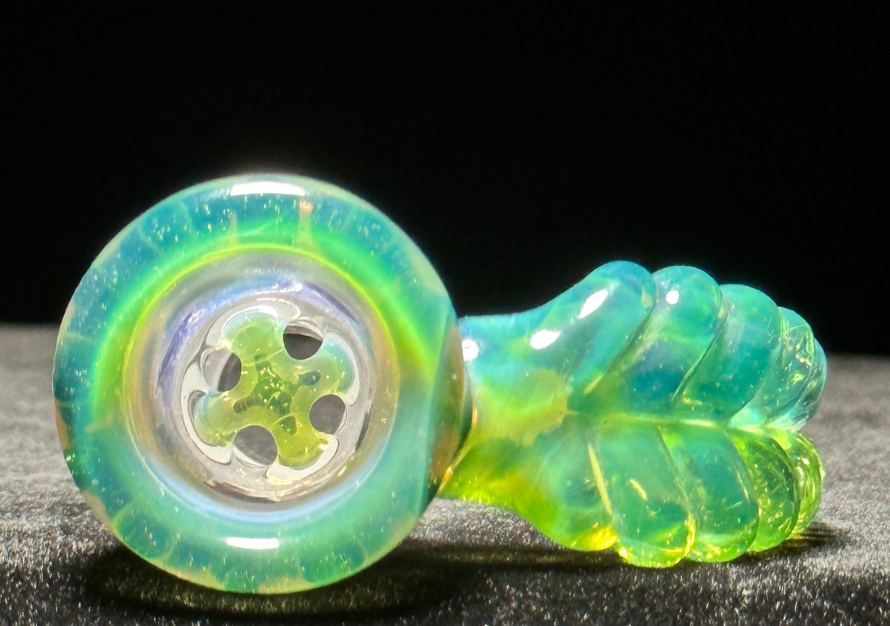 Mary Blows Glass Worked Purple-Green Leaf Handle 18mm Slide