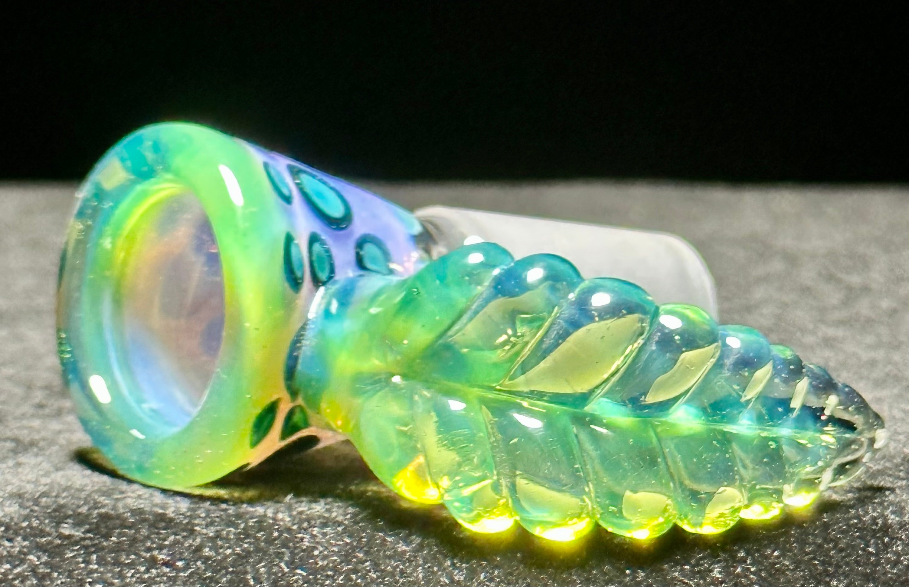 Mary Blows Glass Worked Purple-Green Leaf Handle 18mm Slide