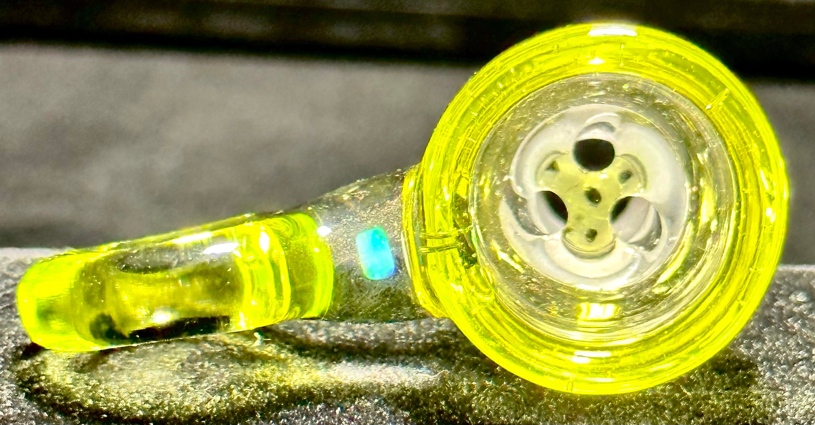 Mary Blows Glass Lime Green Ring Handle w- Opal 14mm